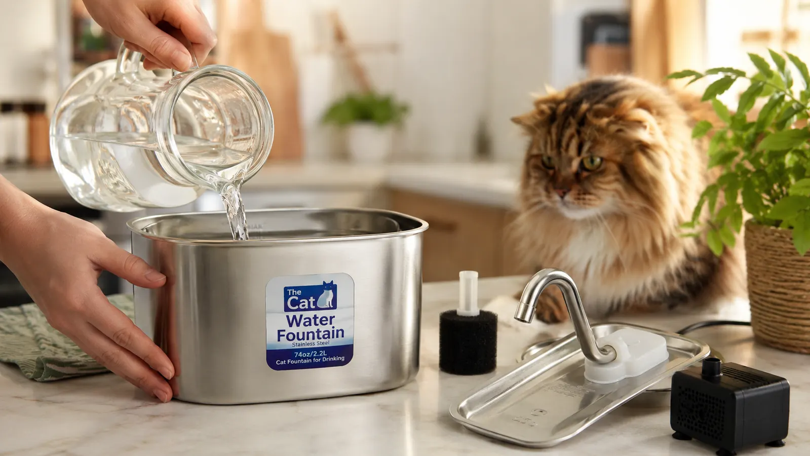 A hand refilling a stainless steel cat water fountain reservoir from a jug on a counter