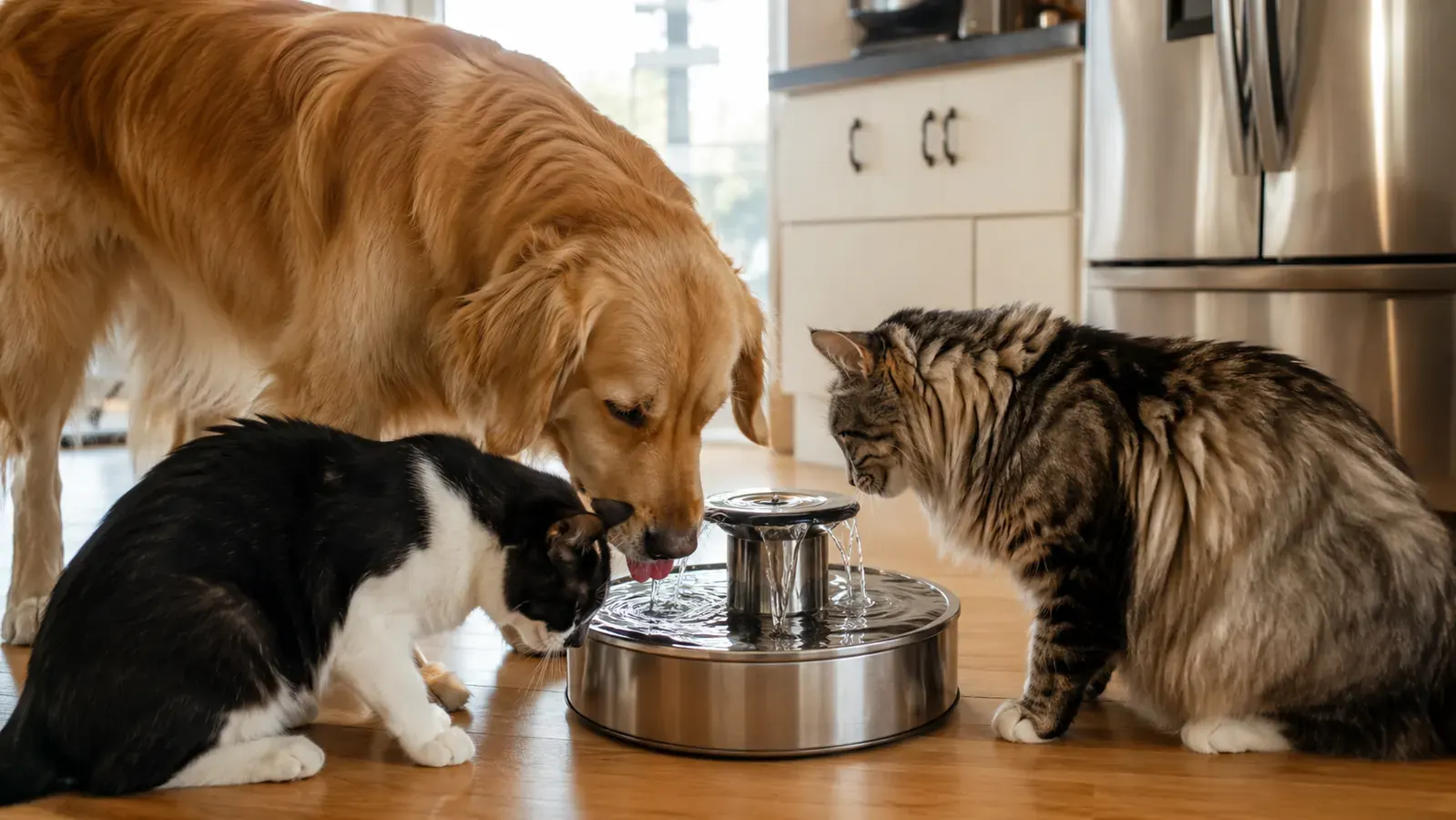 Two cats, one dog, and a stainless steel water fountain together in a bright kitchen