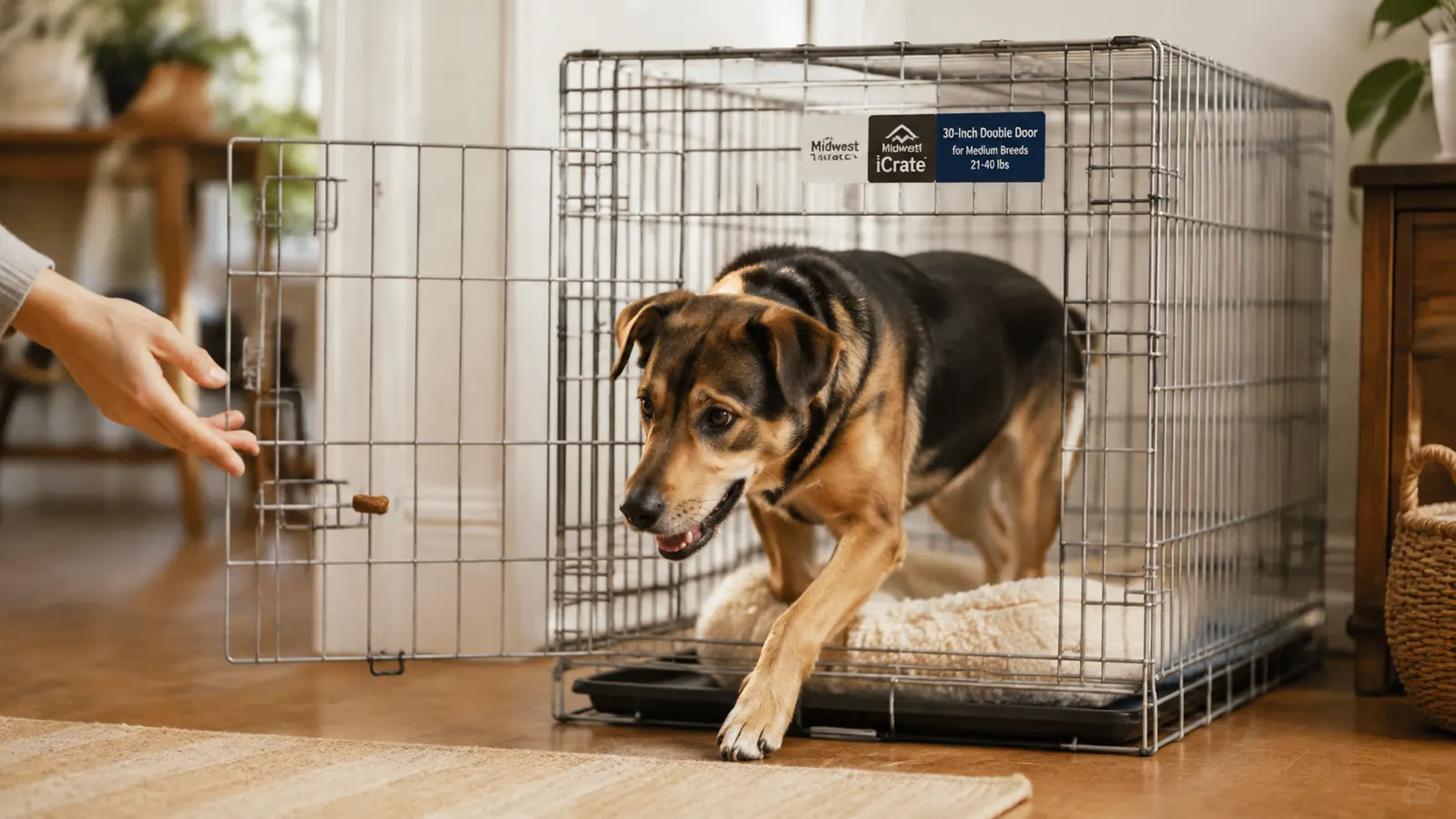 A hand tossing a small treat into the open door of a silver wire dog crate while the dog steps in over the lip of the tray