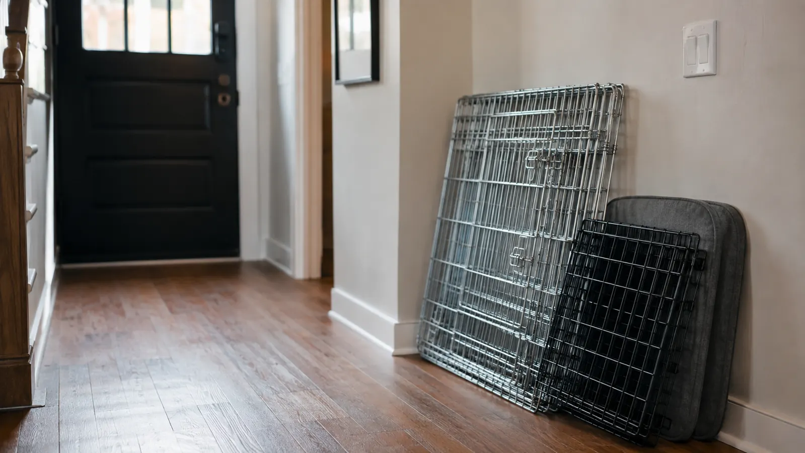 A silver wire dog crate collapsed flat and folded, leaning against a hallway wall beside a crate mat and a spare door panel