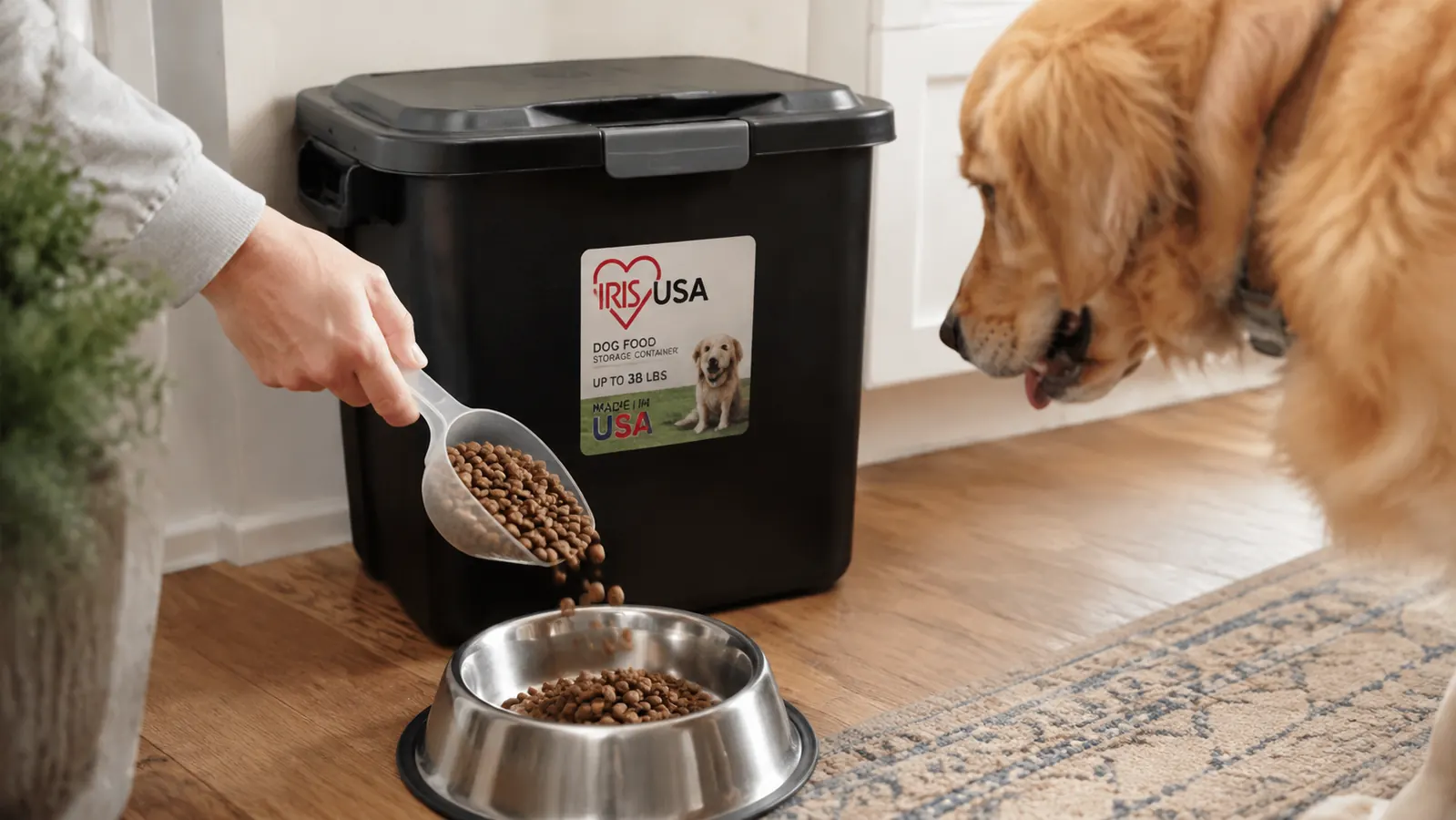 A hand pouring a scoop of kibble from the black airtight bin into a stainless steel dog bowl on the floor