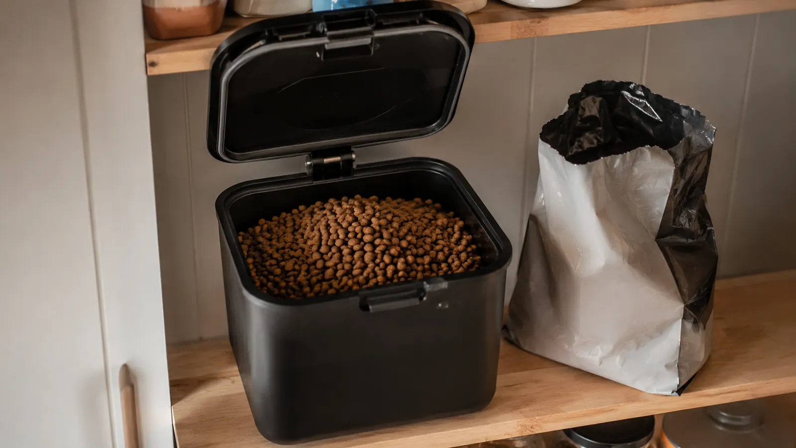A dry, clean kitchen pantry with one airtight bin filled with kibble and an empty open bag beside it