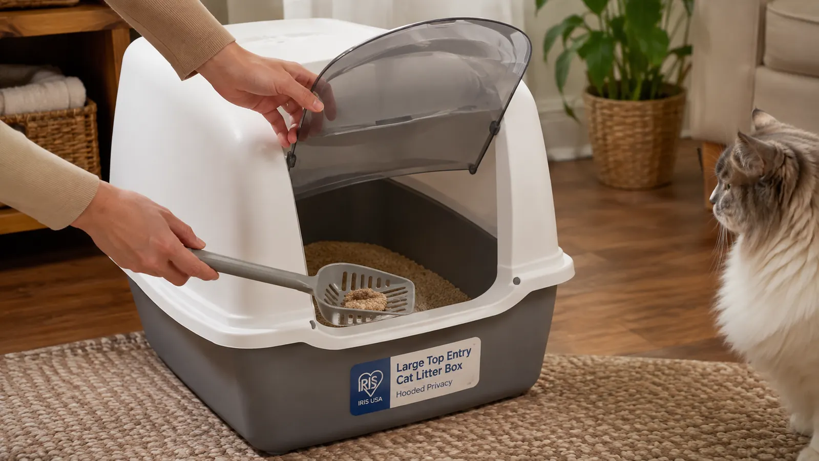 A hand opening the door of a covered litter box with a scoop to clean it