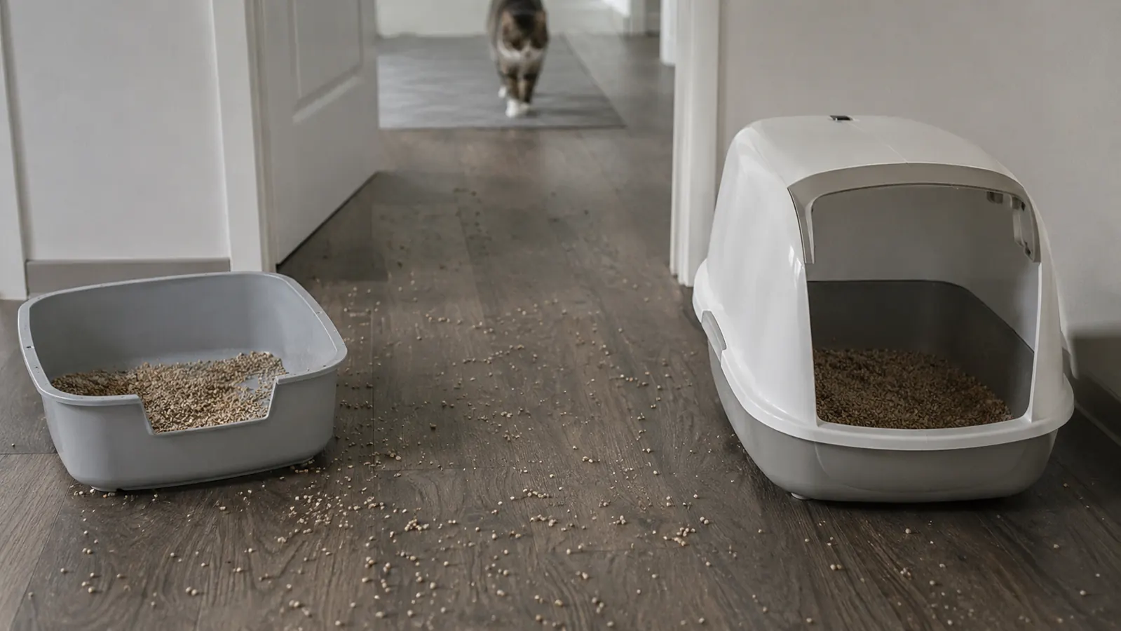 An open-top litter box with scattered litter granules spreading across a floor beside it
