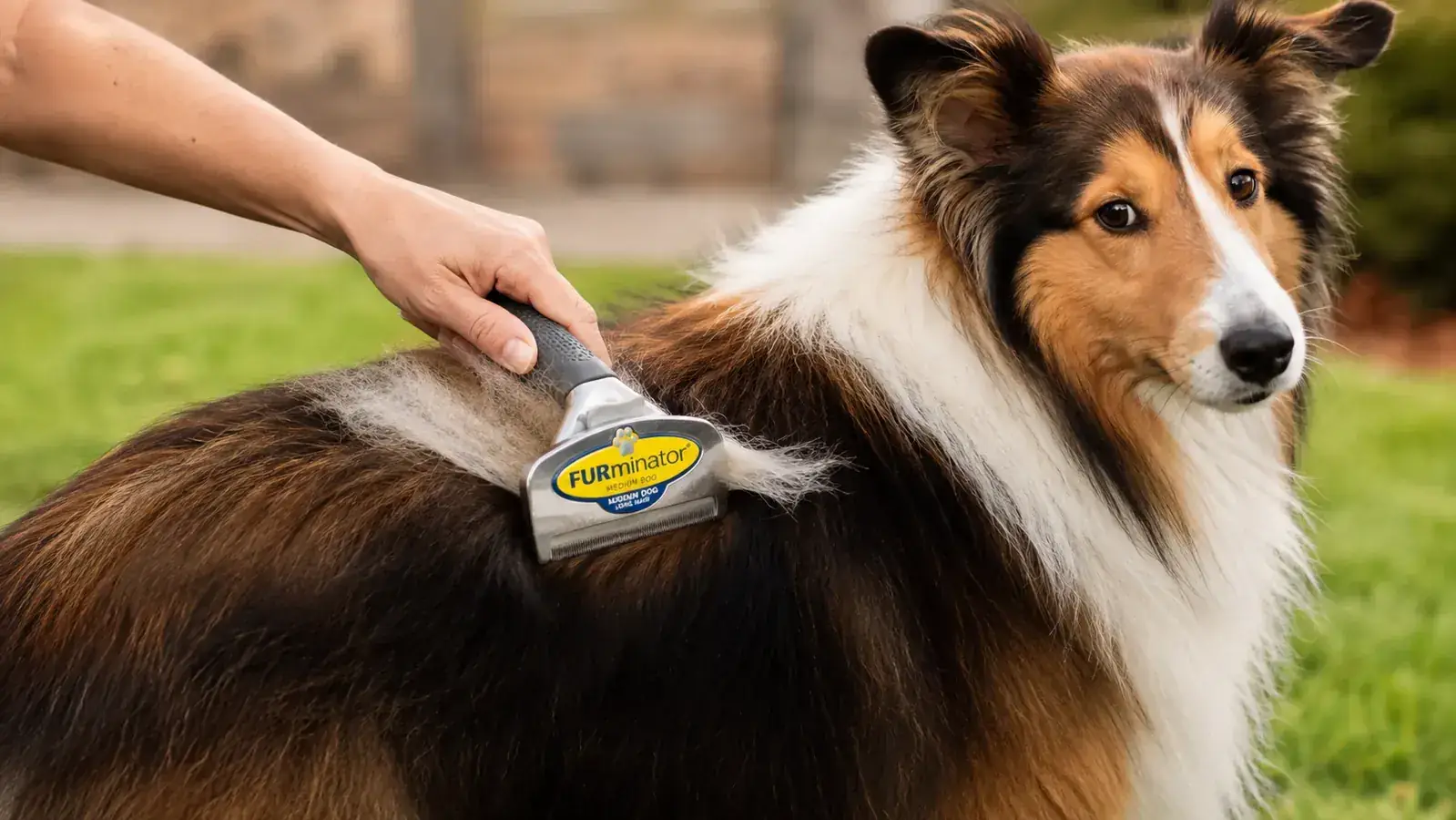 A hand running a stainless steel deshedding tool along the back of a medium dog outside on grass