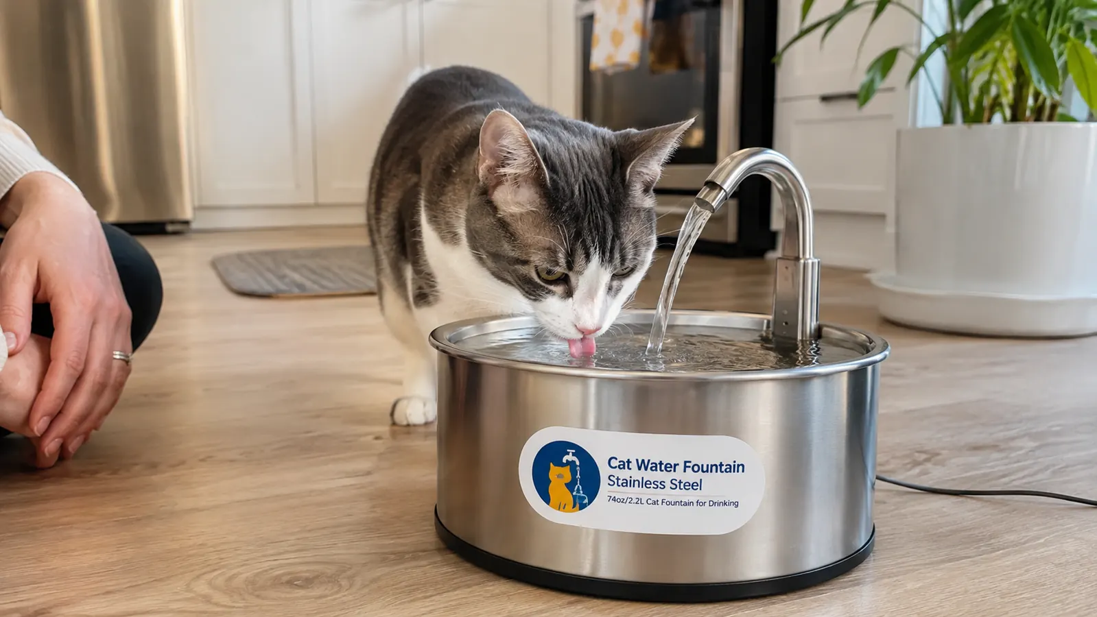 Close view of a silver stainless steel cat water fountain, the water streaming down the spout into the basin, a cat drinking from it