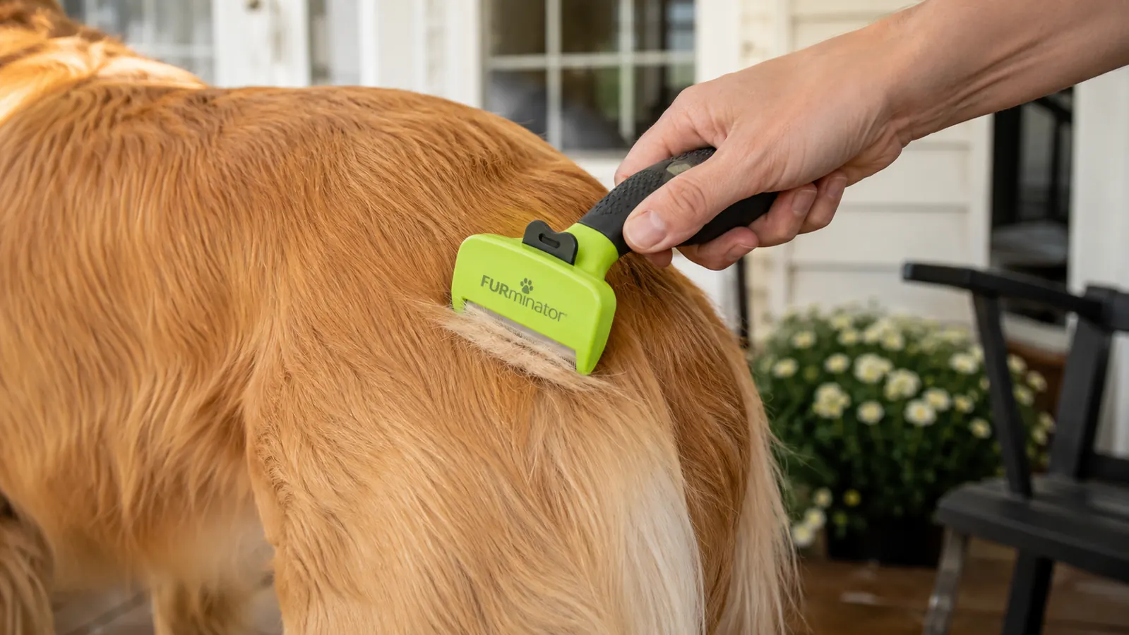 A hand holding a FURminator deshedding tool and drawing it in a long even pass across a dog's golden haunches