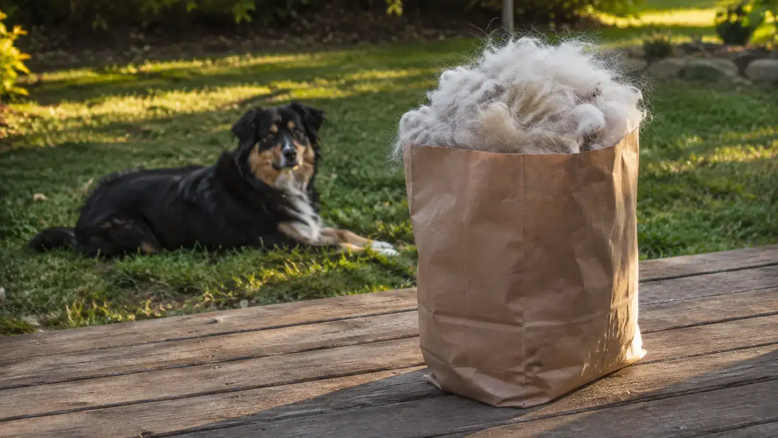 A grocery bag packed full of pale dog undercoat standing on a back deck beside a black Australian Shepherd resting on the grass