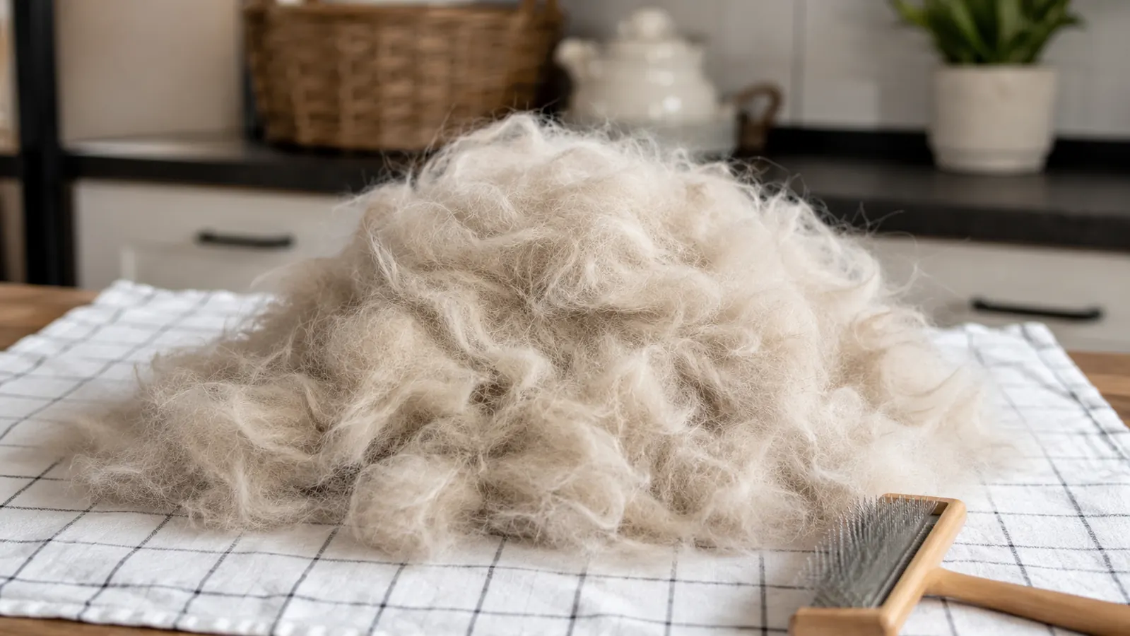 A large kitchen towel covered with an impressive pile of loose undercoat fur removed in one brushing session