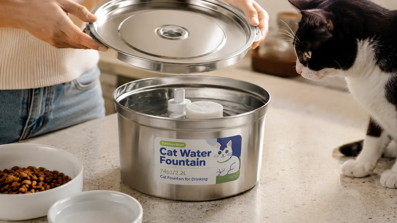 A steel pet water fountain with the top lifted off showing the white pump and round filter inside, on a kitchen counter