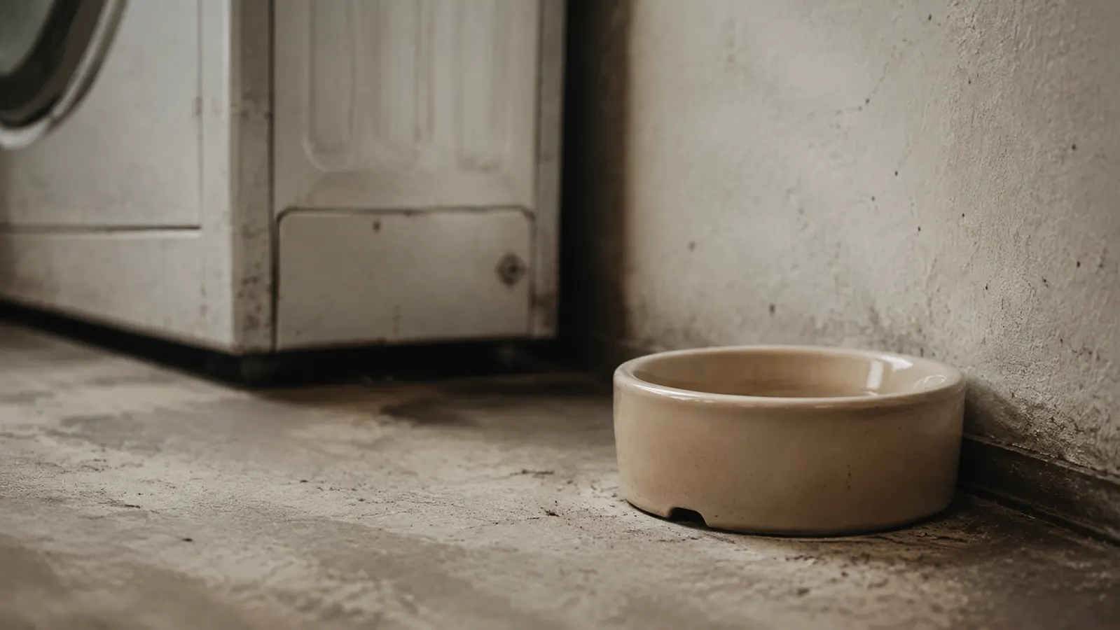 A well-worn beige ceramic water bowl sitting empty against a wall in a laundry room