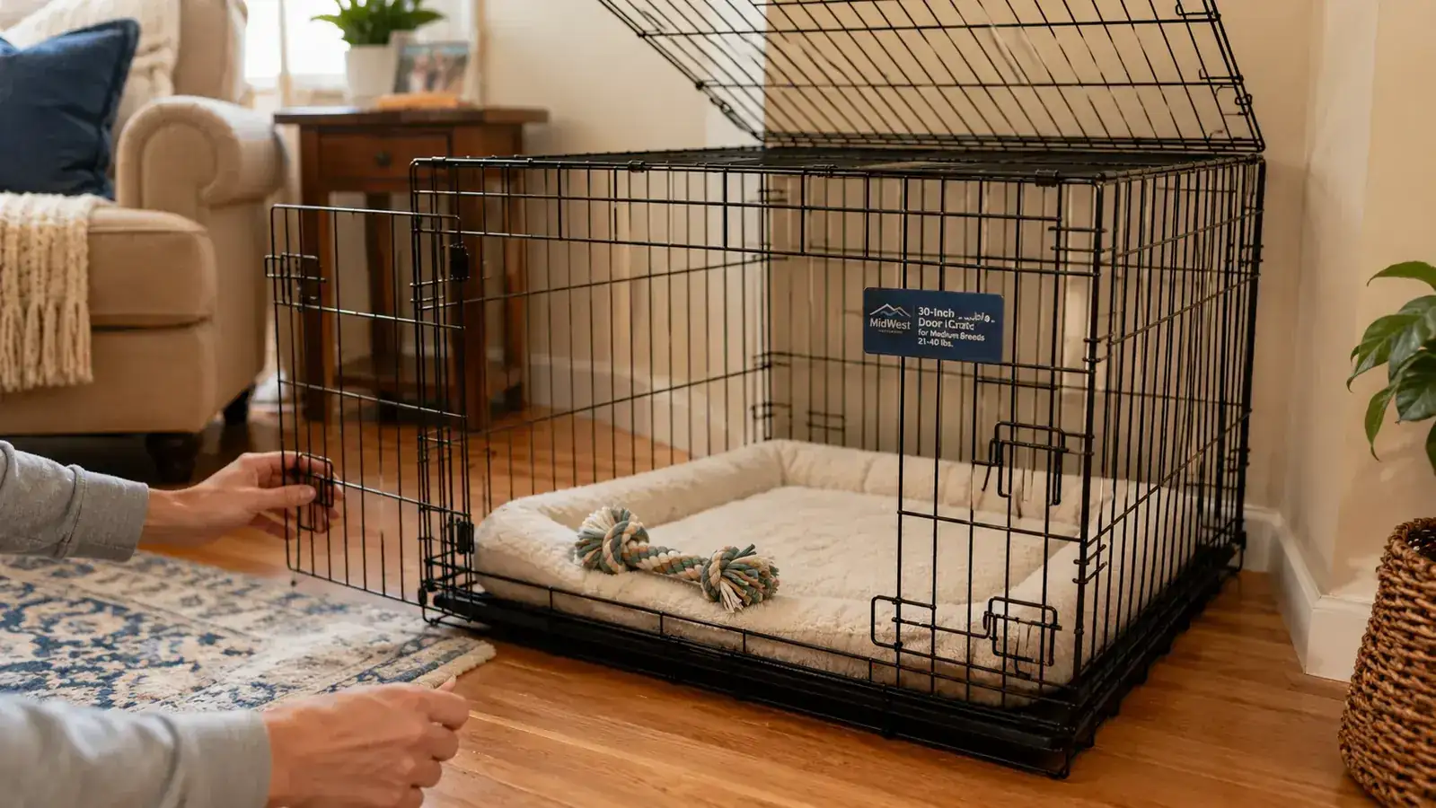 A steel double door wire dog crate with its top door up, showing a fleece bed and a chew toy arranged inside on a wooden floor