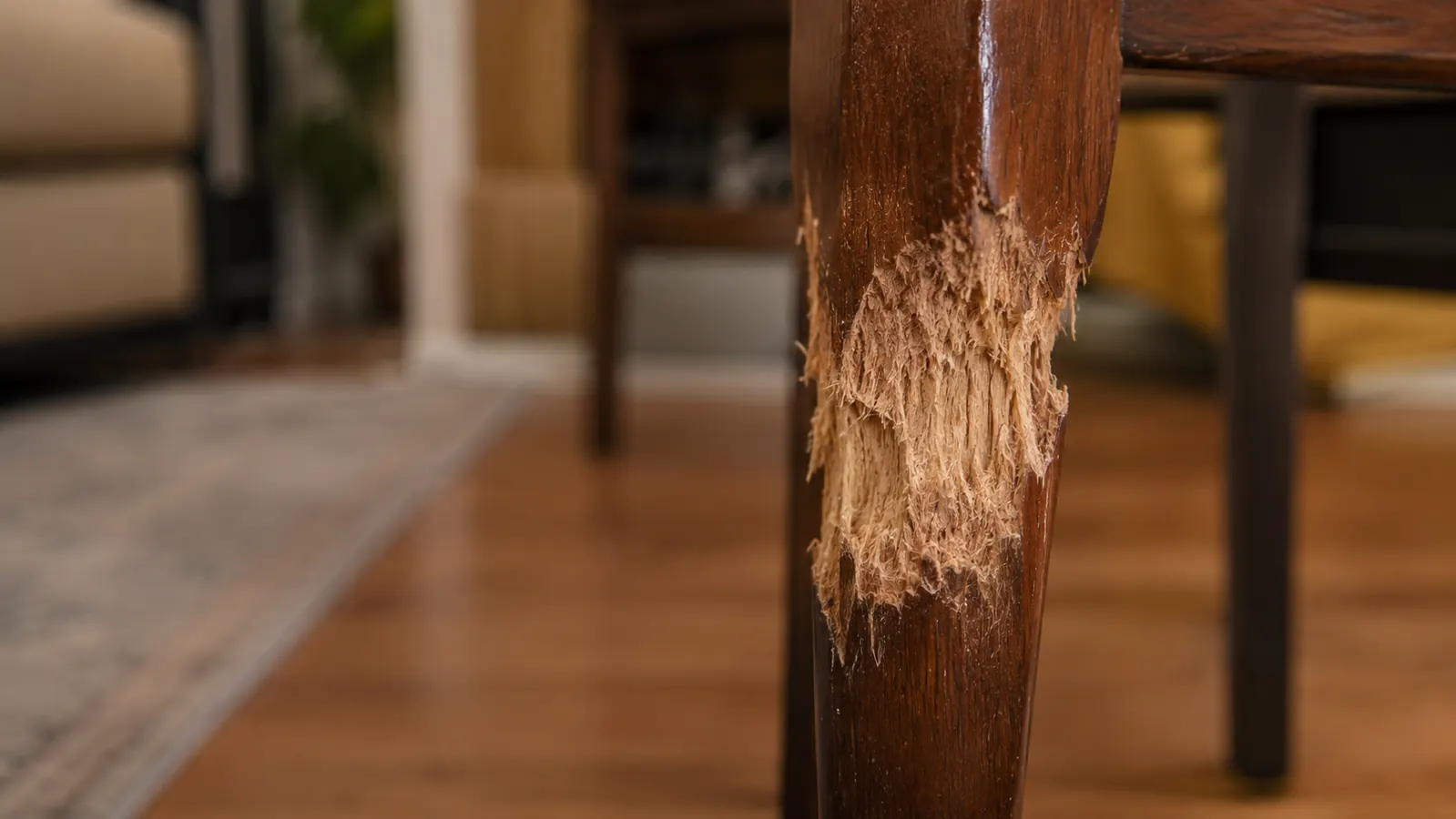 A chewed wooden chair leg with deep teeth marks, a reminder of the furniture chewing before crate training