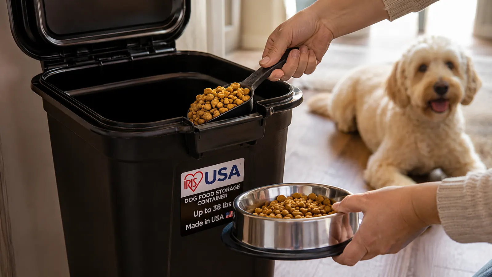 A hand scooping golden kibble out of an open black storage bin into a stainless steel dog bowl