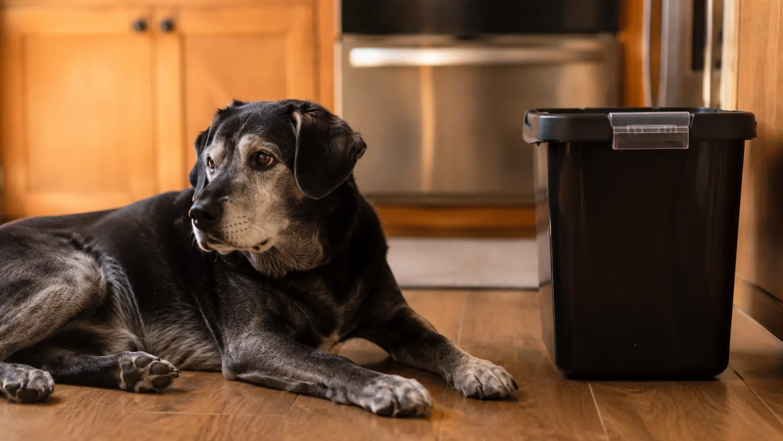 A closed black airtight food bin on the pantry floor with a dog lying contentedly beside it