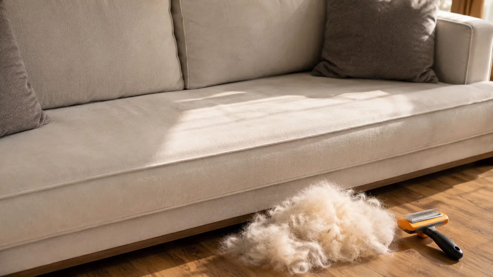 A tidy living room sofa with no loose fur next to a neat pile of brushed undercoat on the floor and a deshedding tool resting beside it