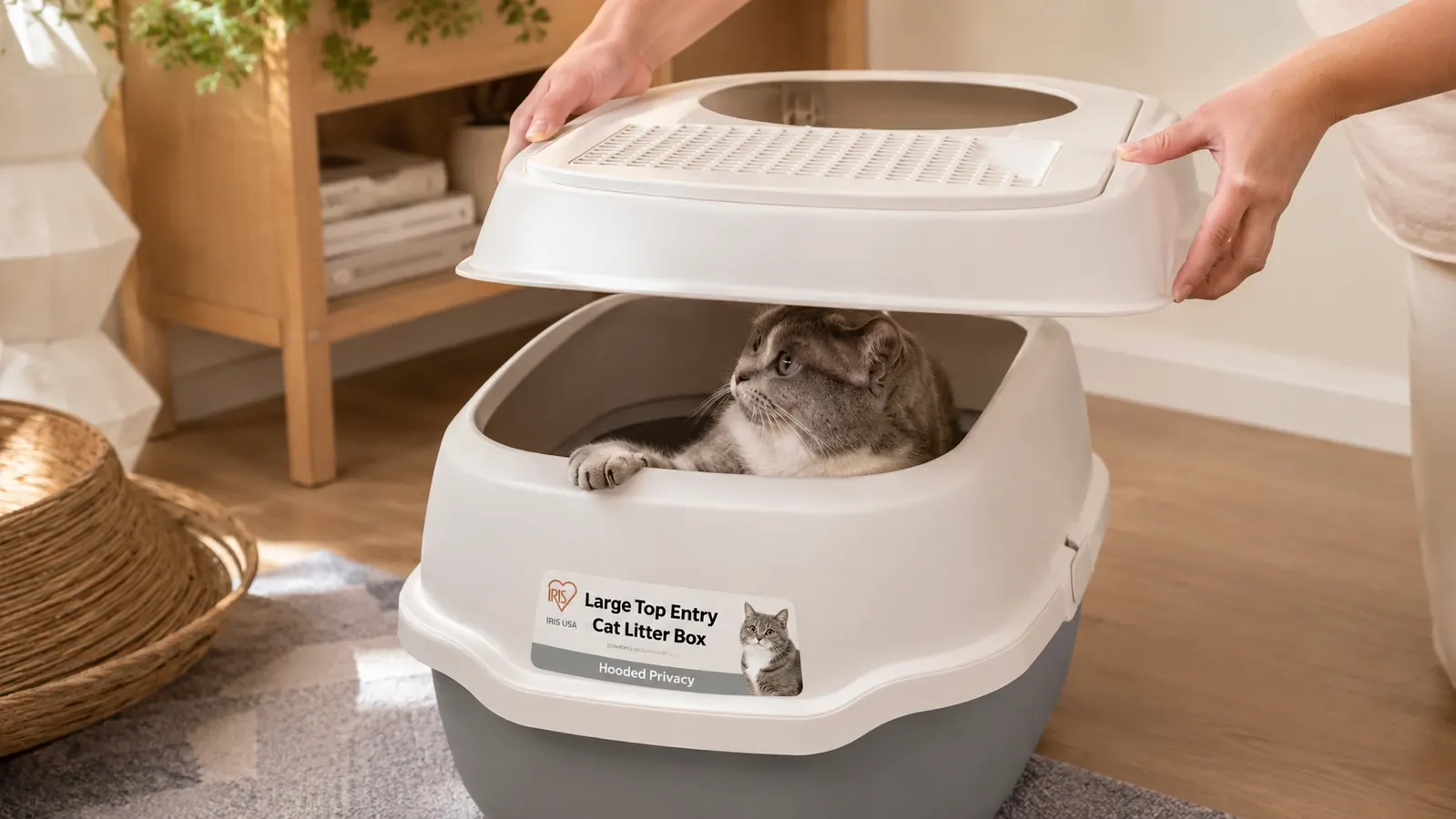A hand lifting the lid off a top entry cat litter box while a grey cat paws at the edge of the opening