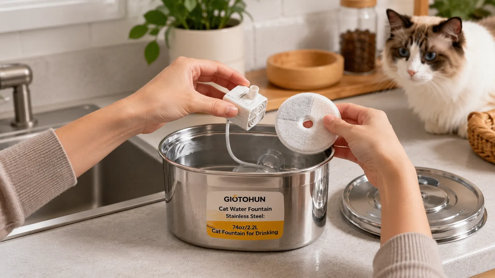 Hands lifting the pump and filter out of a disassembled stainless steel pet water fountain to clean it