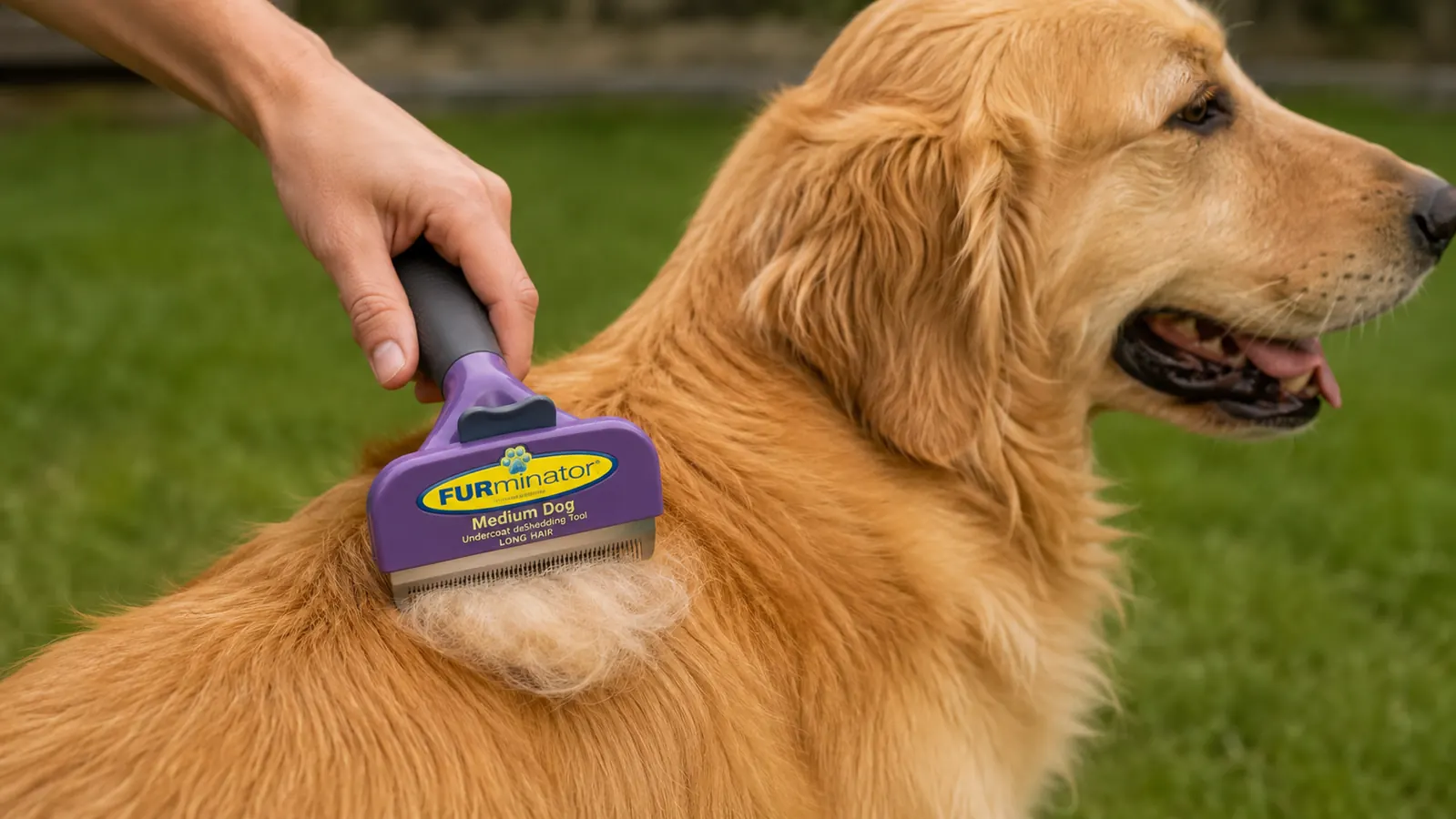 A hand holding a stainless steel deshedding tool over the back of a golden retriever, a clump of undercoat lifted into the blade