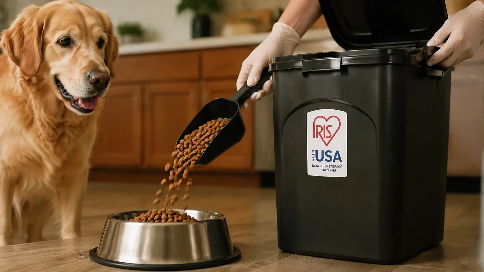 Gloved hand scooping dry dog kibble from a black airtight storage container into a stainless bowl