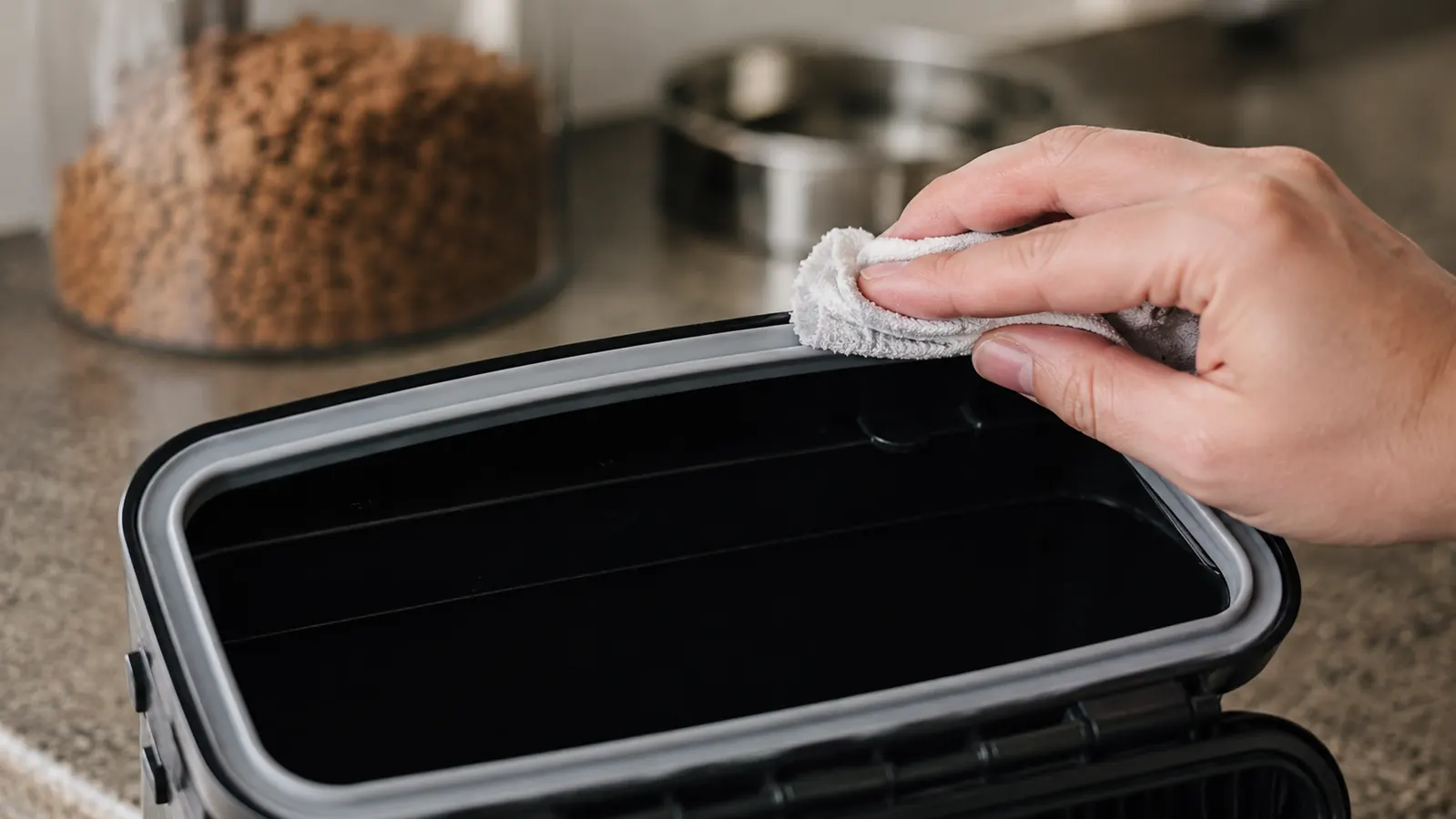 Airtight container lid propped open showing the wide rubber gasket around the rim being wiped clean