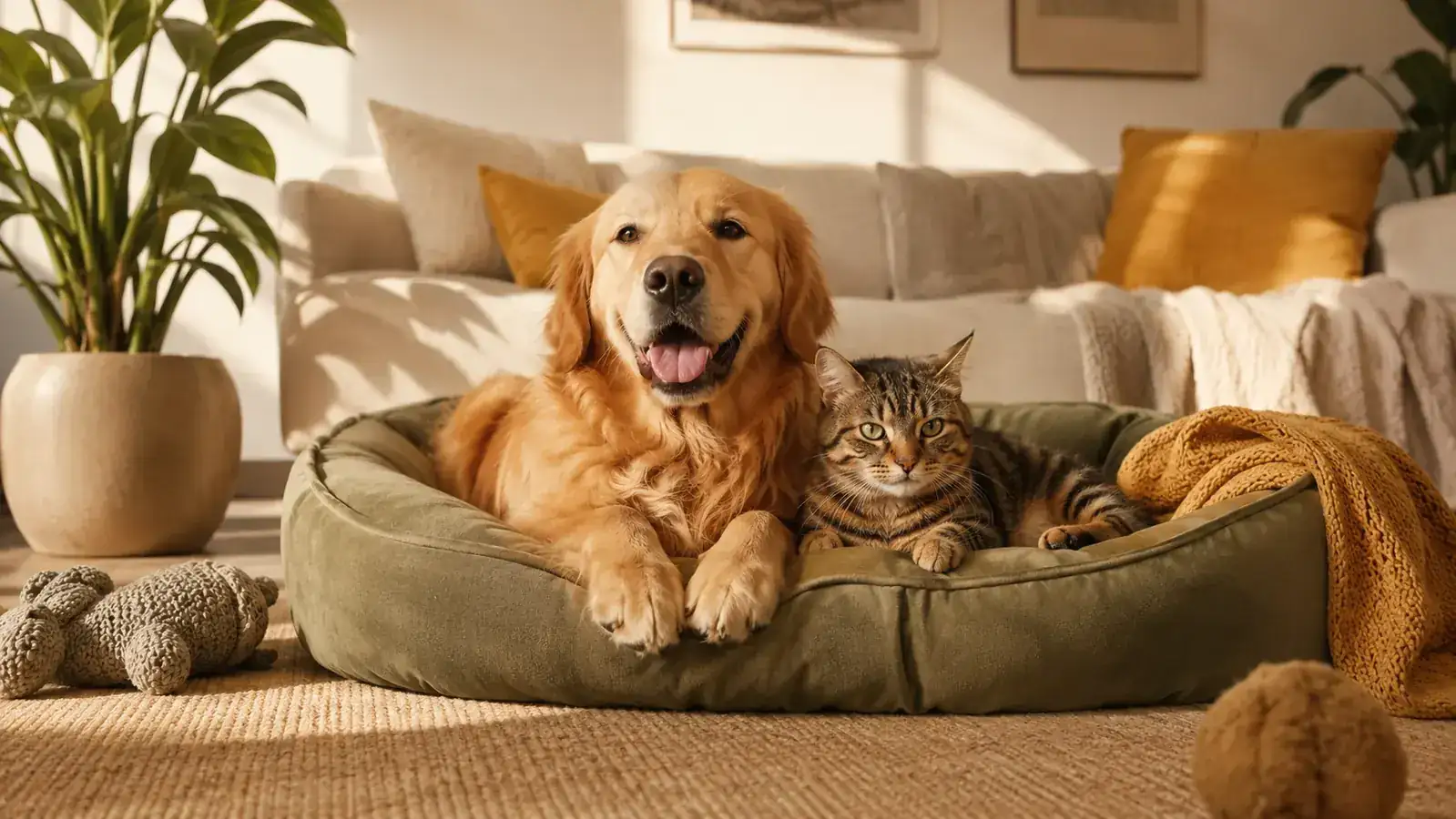 A bright, tidy home with a dog bed, cat tree, and food and water stations arranged for everyday pet care