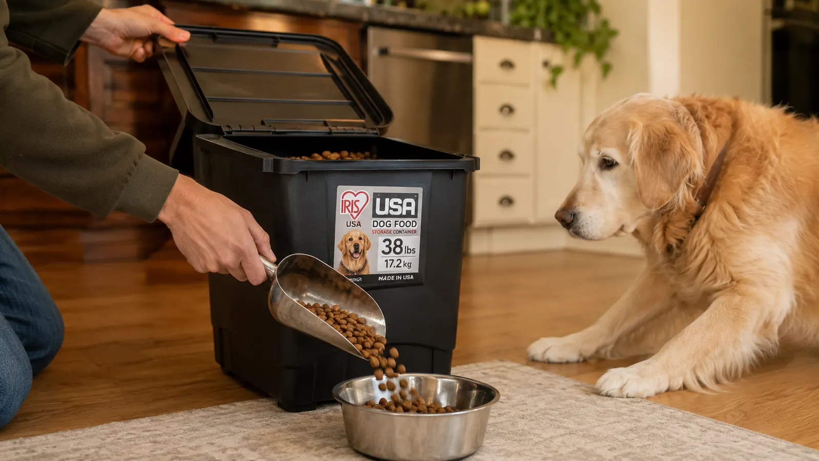 Hand pouring kibble from the opened black storage bin into a stainless steel dog bowl on the kitchen floor