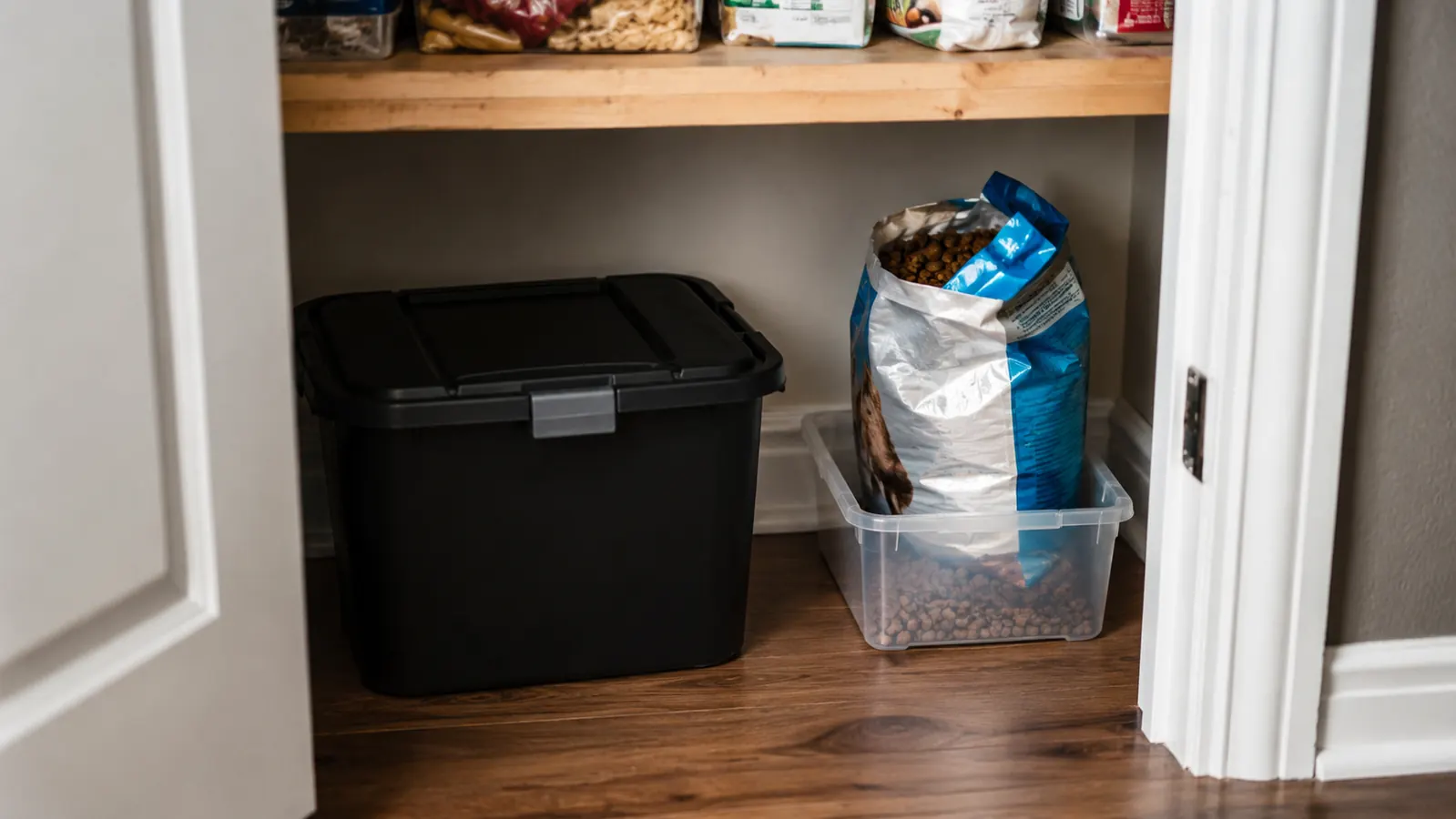 Open pantry showing the black food bin stowed beneath a shelf with a rolled bag of kibble kept alongside in a plastic tote