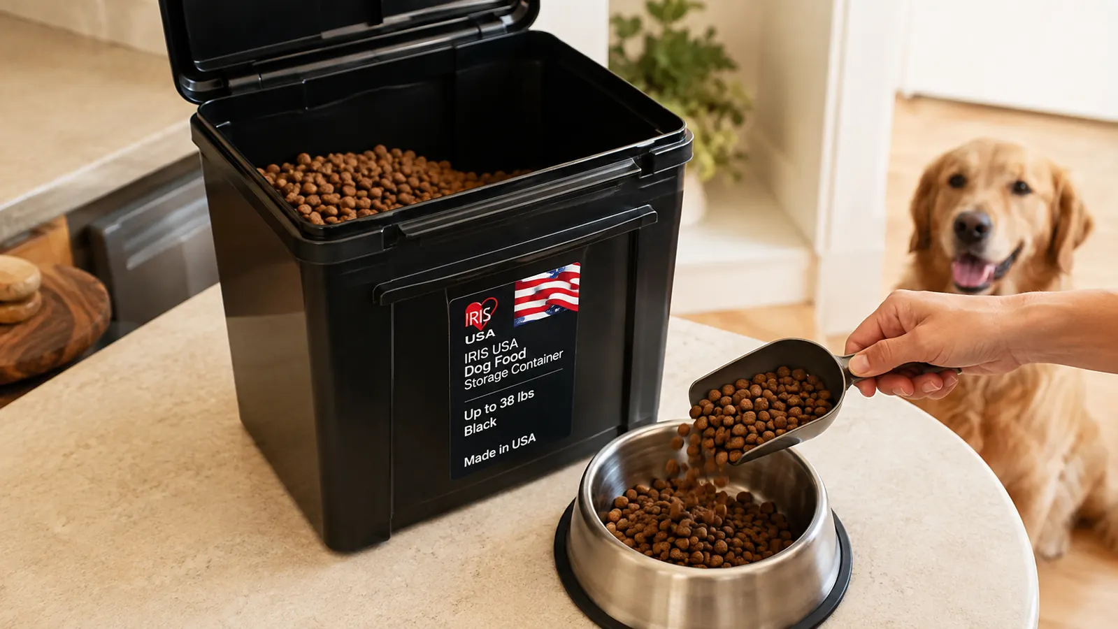A hand scooping kibble from an open black IRIS dog food bin into a stainless steel bowl