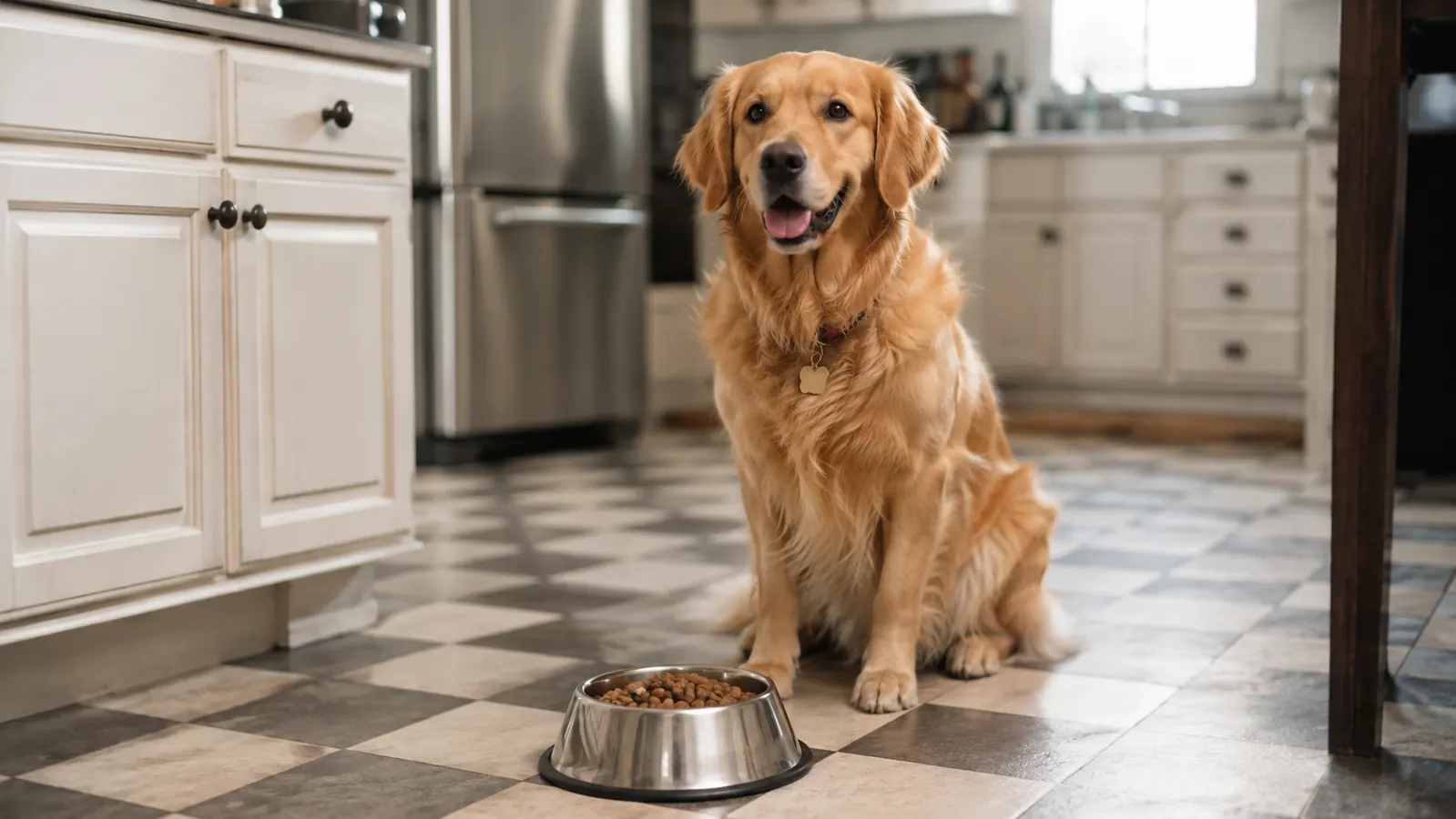 A round dog waiting patiently beside a full food bowl on checkered linoleum