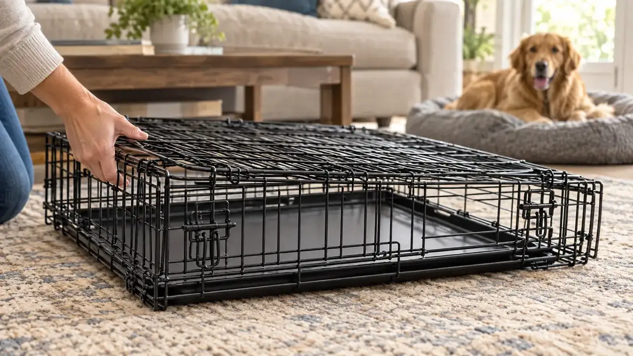 Hands folding a wire dog crate flat onto a living room floor, both doors latched open, showing the metal frame and trays
