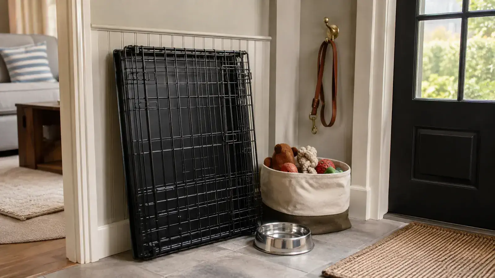 An empty folded wire dog crate leaned against a mudroom wall beside a water bowl and a basket of dog toys