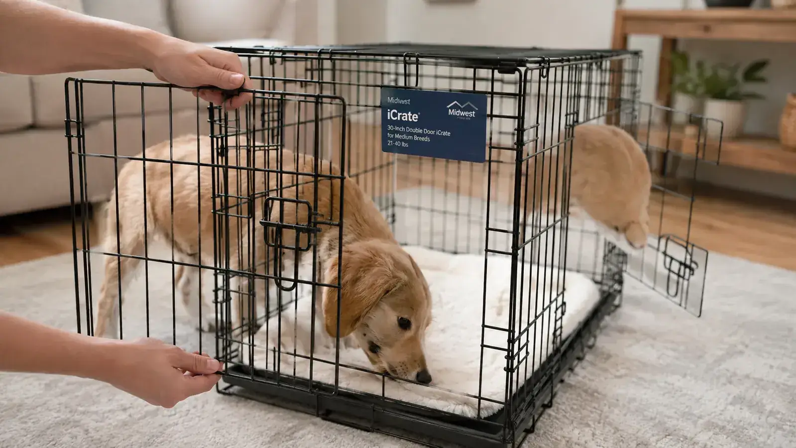 Hands holding open the front door of a double door wire dog crate while a young dog noses inside