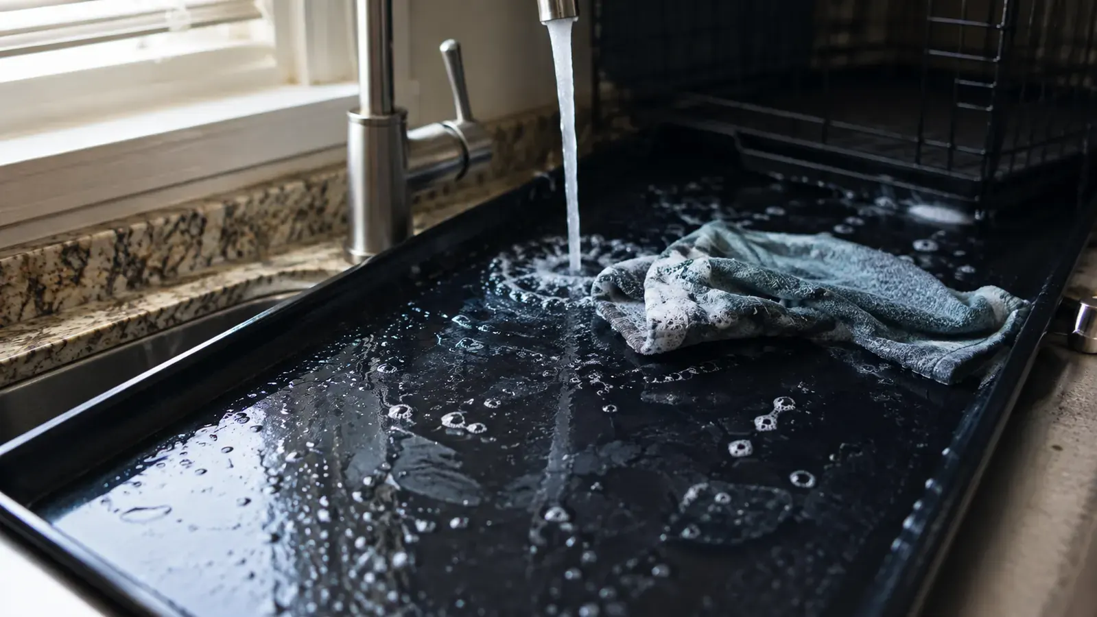 A close view of the slide-out plastic drip tray of a wire crate being wiped with a cloth over a kitchen sink