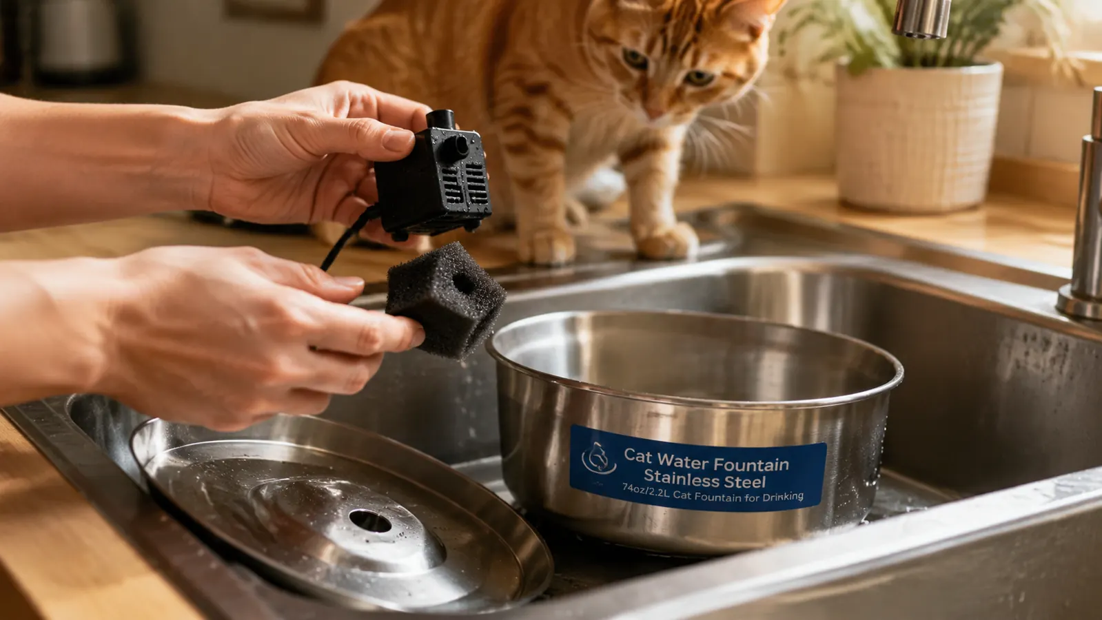 Hands taking apart a stainless steel cat water fountain to wash the pump and bowl at a kitchen sink