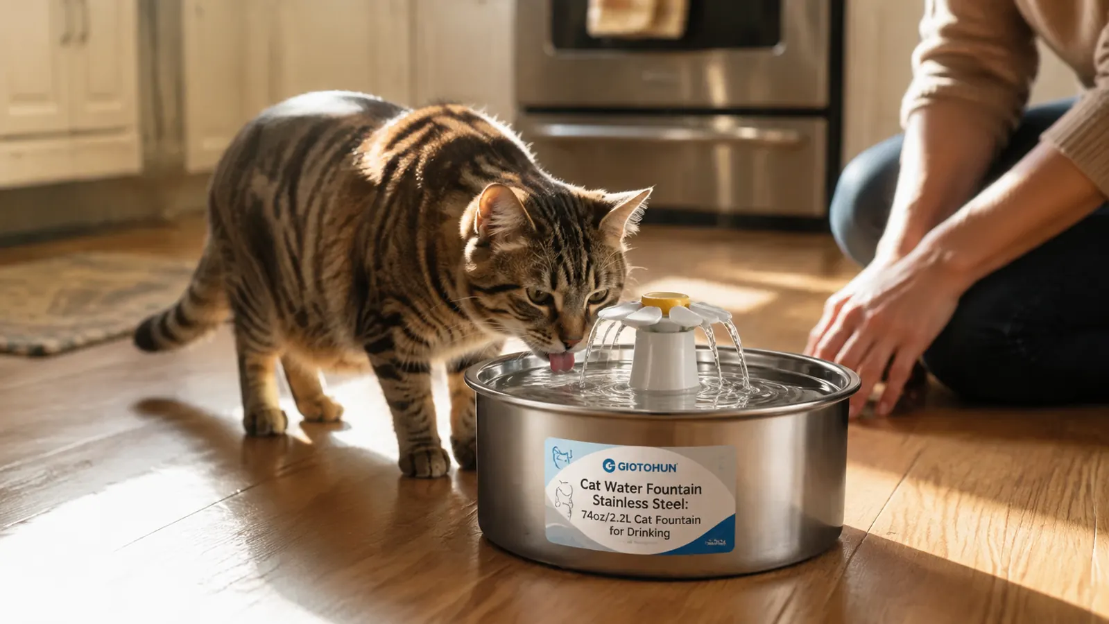 A tabby cat drinking from a stainless steel pet water fountain on the kitchen floor