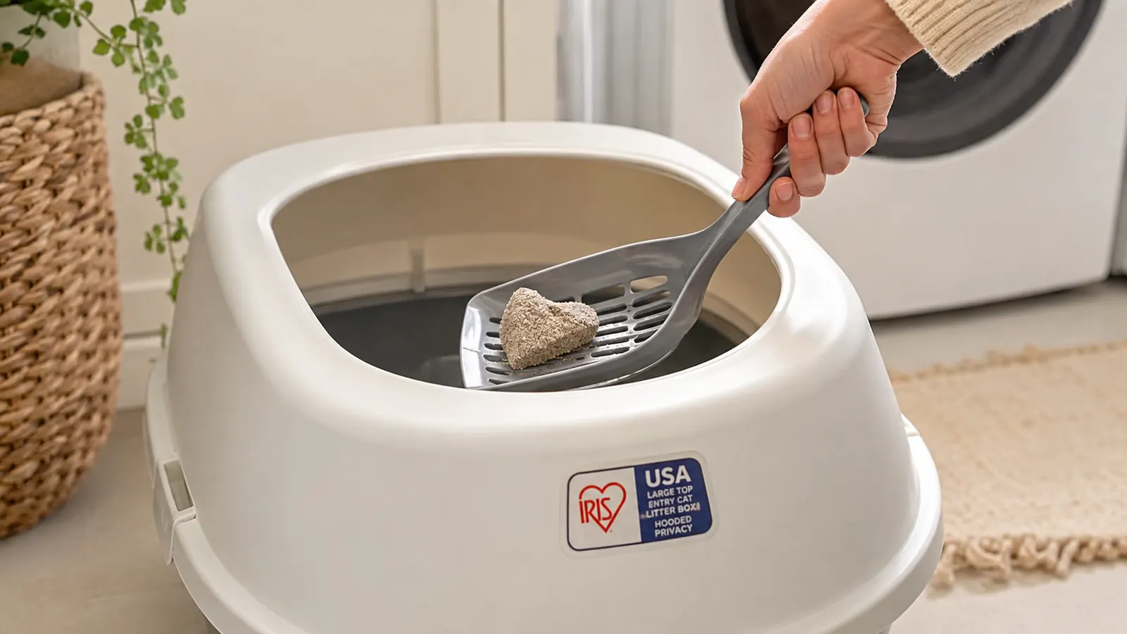 A hand holding a scoop over the open top opening of a cat litter box, removing clumps