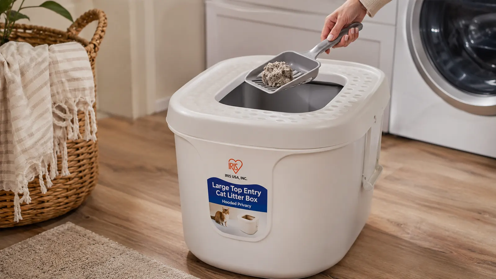 A hand lifting a full scoop of clumped litter out of the top opening of a white hooded top entry litter box
